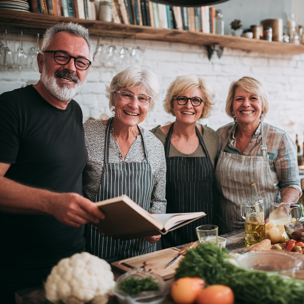 Grupa uśmiechniętych dorosłych Polaków różnych wieku przy stole z kolorowymi, zdrowymi posiłkami