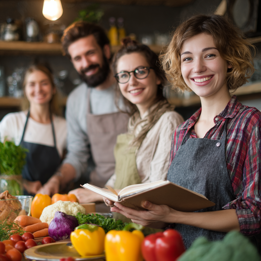 Grupa uśmiechniętych polskich dorosłych w kuchni przygotowujących zdrowe posiłki z książką kucharską