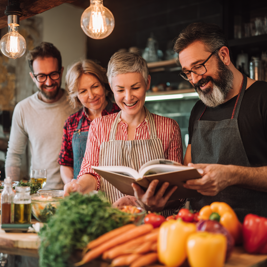 Uśmiechnięci polscy dorośli różnych wieku z koszykiem pełnym świeżych, organicznych warzyw i owoców